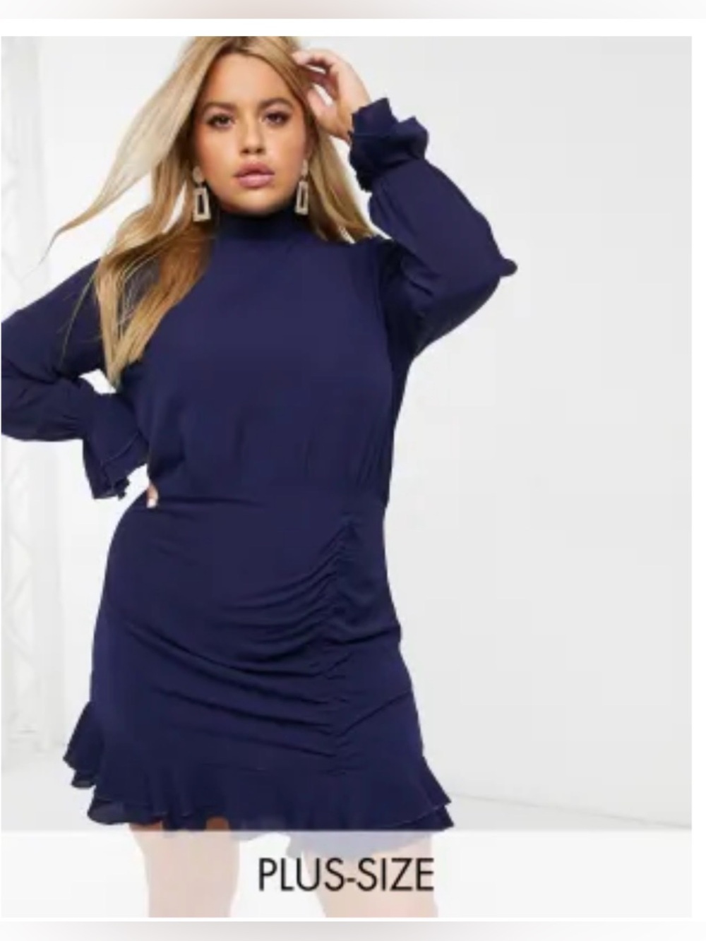 ASOS Outrageous Fortune Navy Ruched Ruffle Mini Dress Tie Neck US 14 Plus Size